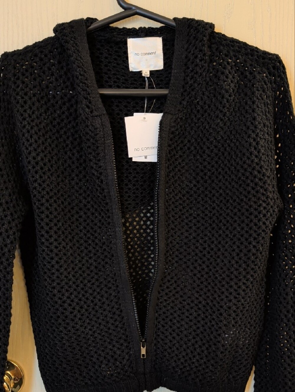 No Comment Black Open-Knit Hooded Zip Sweater | Size M | NWT